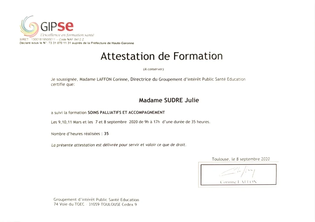 Formation axée sur la présence, l’accompagnement bienveillant et le soutien émotionnel des patients en fin de vie.