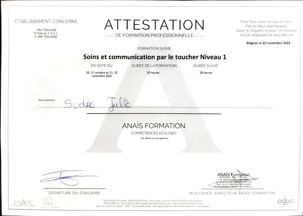 Approfondissement du toucher relationnel et du langage corporel dans la communication non verbale. Développement de l’écoute, de l’authenticité et de l’empathie dans le soin. - Niveau 1 -