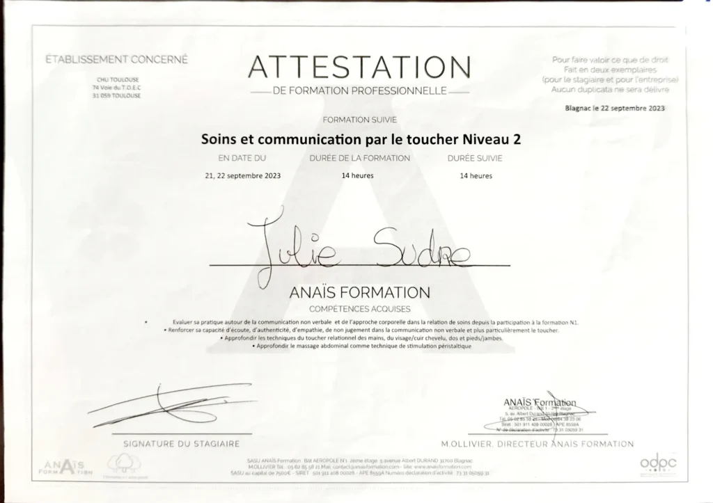 Approfondissement du toucher relationnel et du langage corporel dans la communication non verbale. Développement de l’écoute, de l’authenticité et de l’empathie dans le soin. - Niveau 2 -